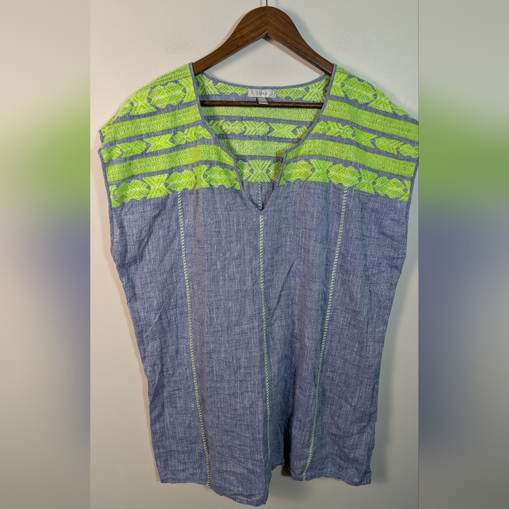 J.Crew Embroidery Neon Green Blue Chambray Linen Mini Cover Up Dress - Picture 10 of 10